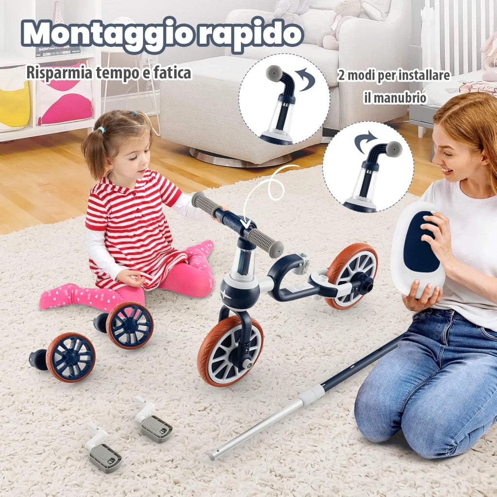 4 in 1 Triciclo per Bambini con Maniglia di Spinta, Triciclo per Bambini Bicicletta Equilibrio con Maniglia, Sedile Regolabili e Pedali Rimovibili, per 2-4 anni (Blu Navy)