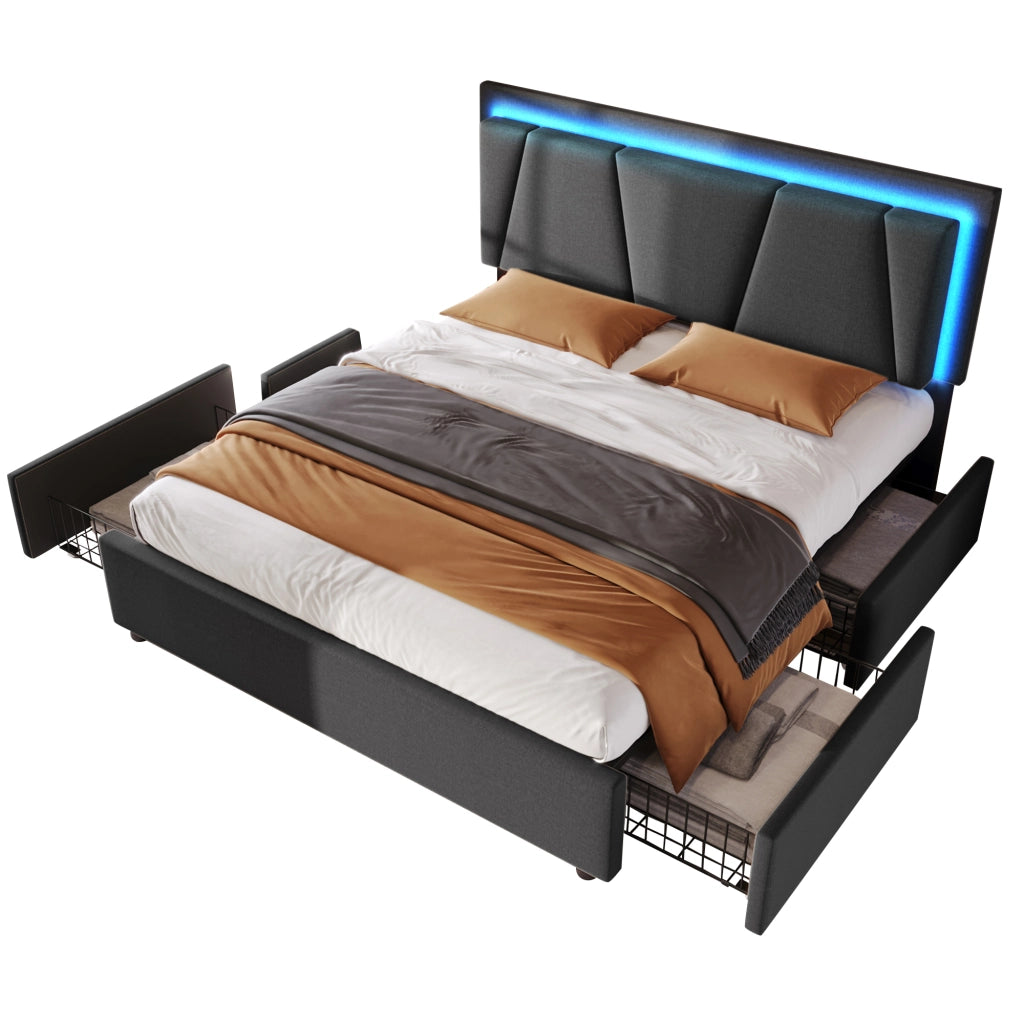 Letto Imbottito con LED e Cassetti ¨C MINIMAL ¨C Grigio, Testiera Regolabile, 140x200