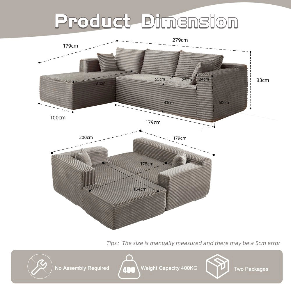 Divano Angolare con Chaise Longue ¨C MINIMAL ¨C Velluto a Coste, Grigio, Modulare