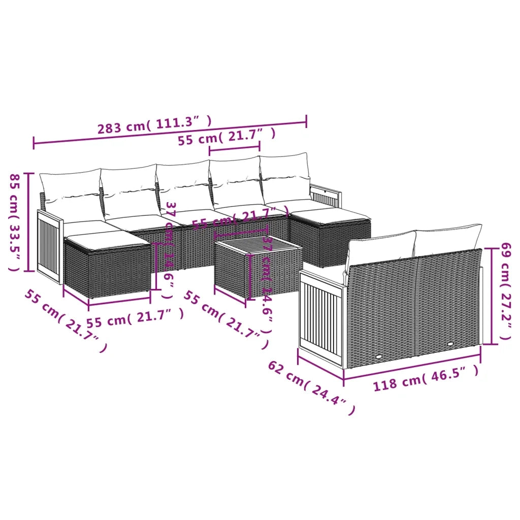 Set Divani da Giardino 10pz con Cuscini in Polyrattan Nero 3228086