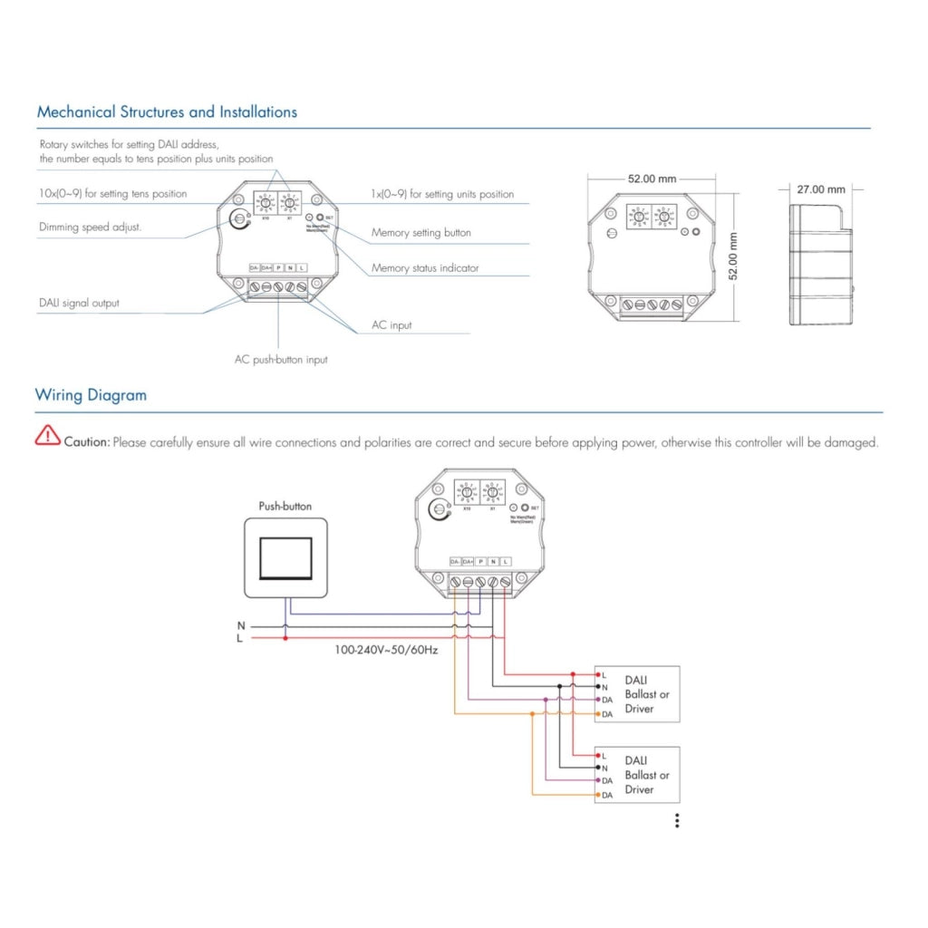 Master Dimmer DALI Push DA-P Controller Universale con Pulsante 230V Dimmer LED Bus DALI Alimentatore Integrato Controllo ON/OFF e Regolazione Luce