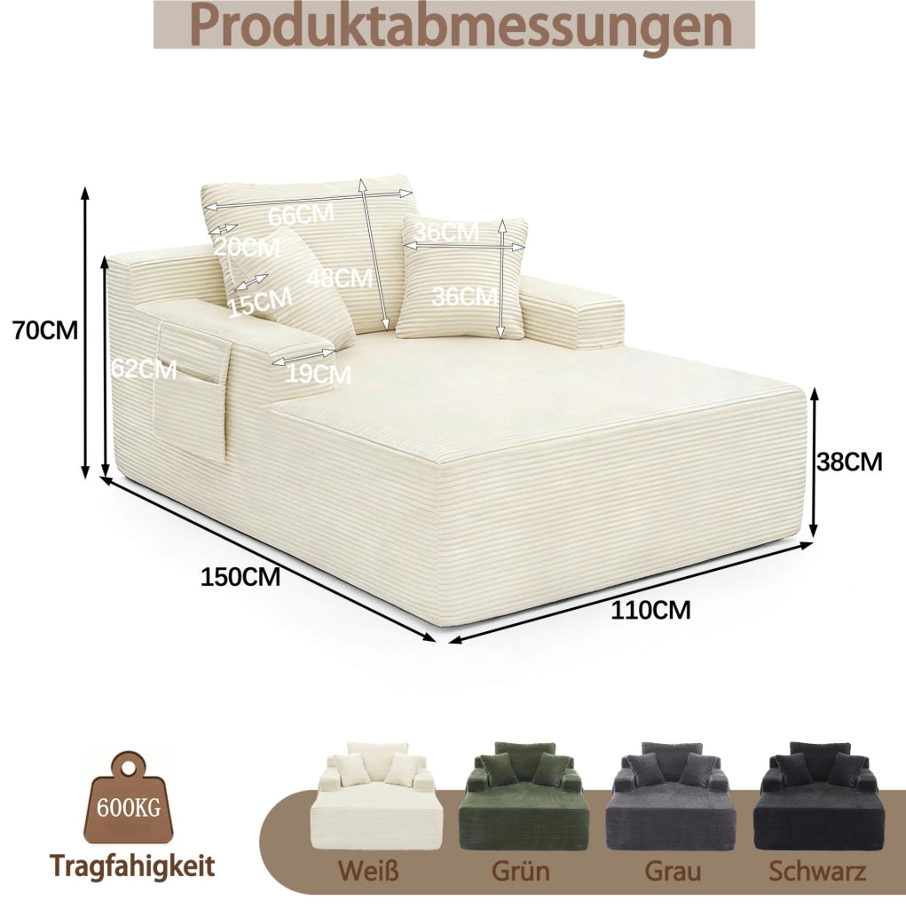 Sofa compatto in corduroy beige con tasche laterali e cuscini inclusi