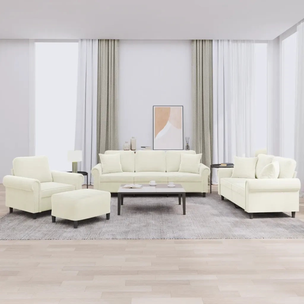 Set di Divani 4 pz con Cuscini Crema in Velluto