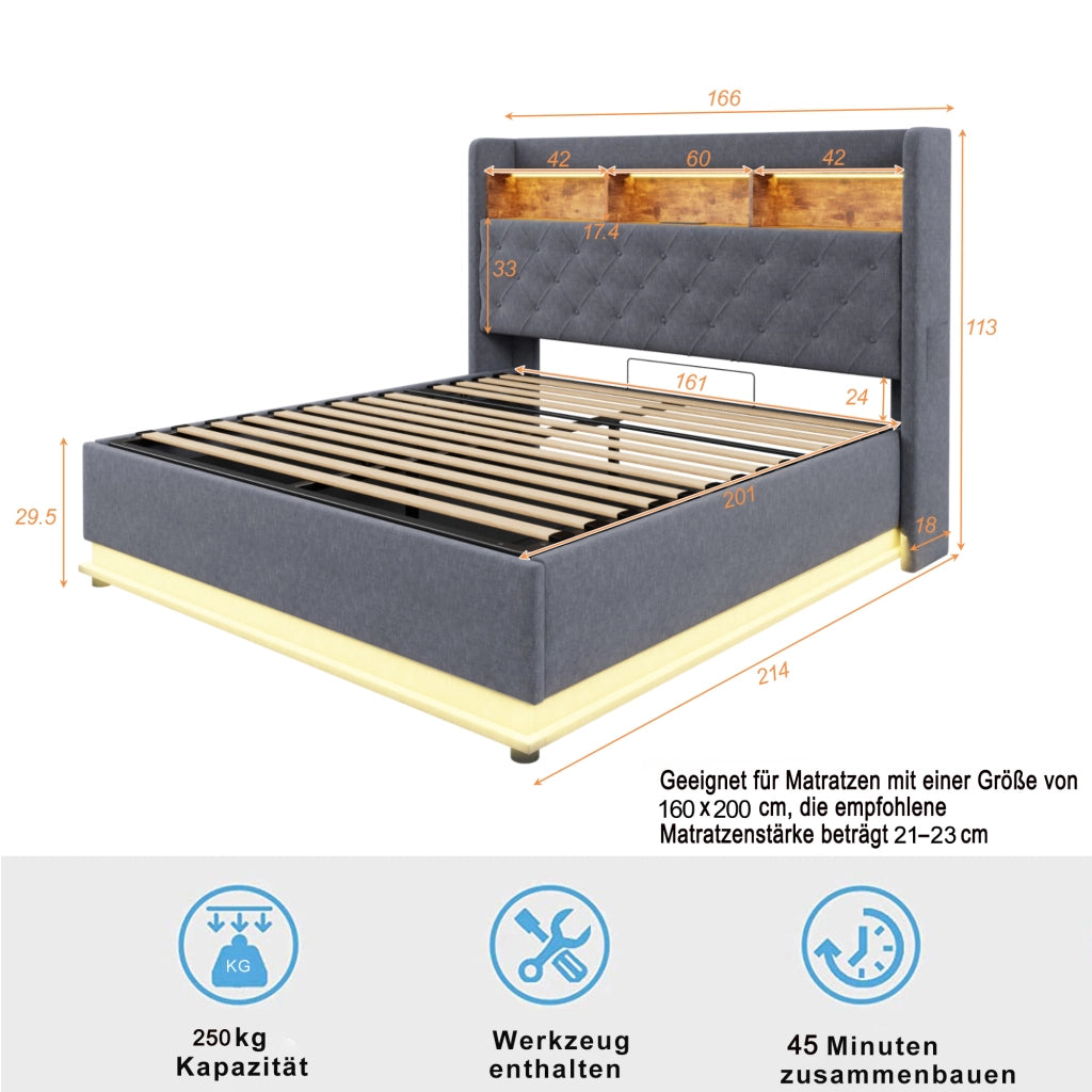 LETTO imbottito LED 160 x 200 cm grigio con USB e contenitore idraulico