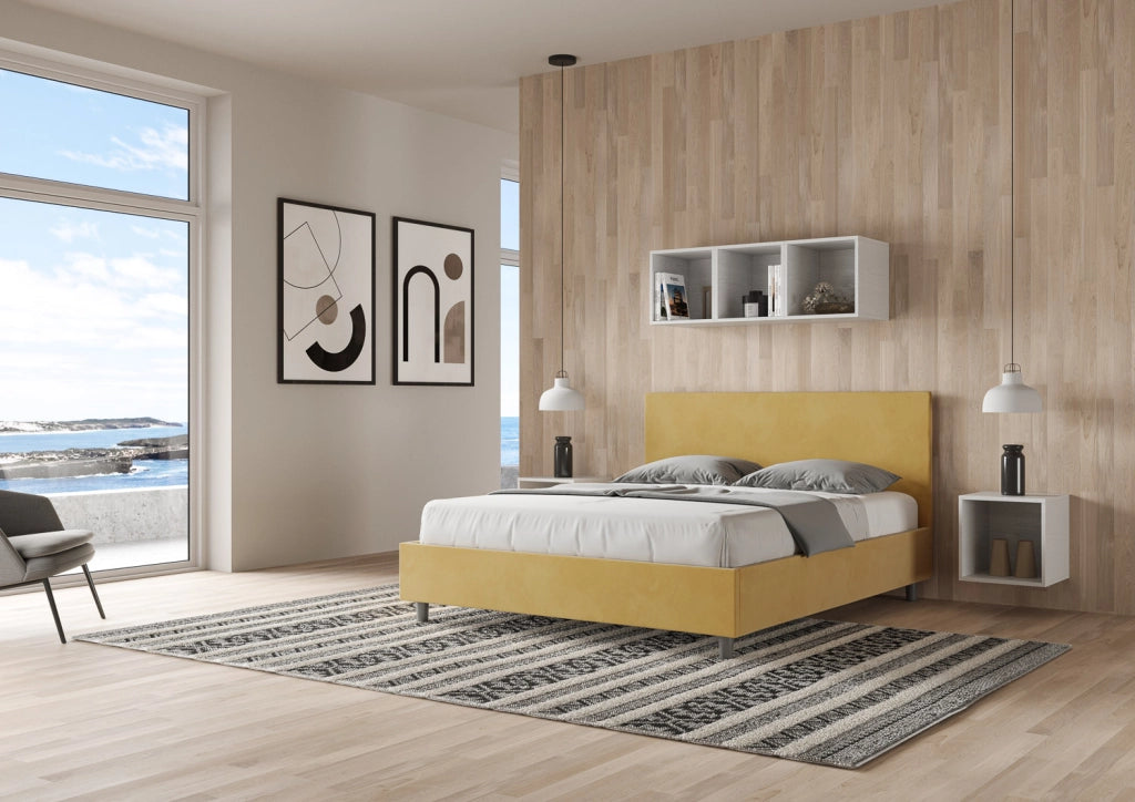 BS COM Letto queen size con rete imbottito 150x200 microfibra ocra