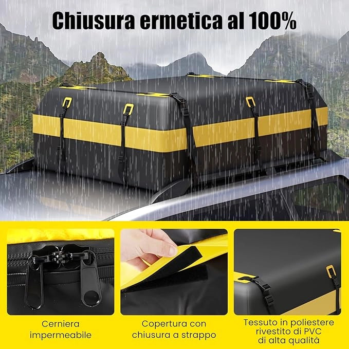 Borsa da Tetto Auto Impermeabile, Box da Tetto per Bagagli per Tutti i Veicoli Con/Senza Portapacchi, con Tappetino Antiscivolo, 10 Cinghie e 6 Ganci (Modello 1)