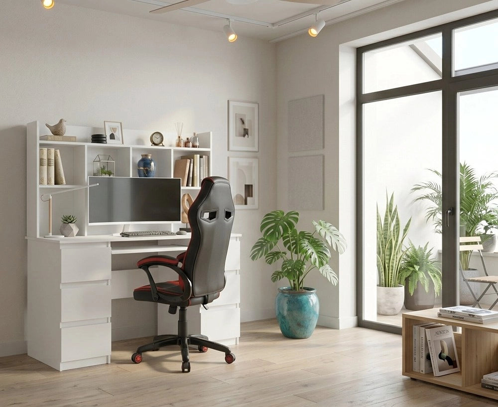Scrivania KUBA con alzata bianco + poltrona DRIFT rosso set 6 cassetti per ufficio e studio