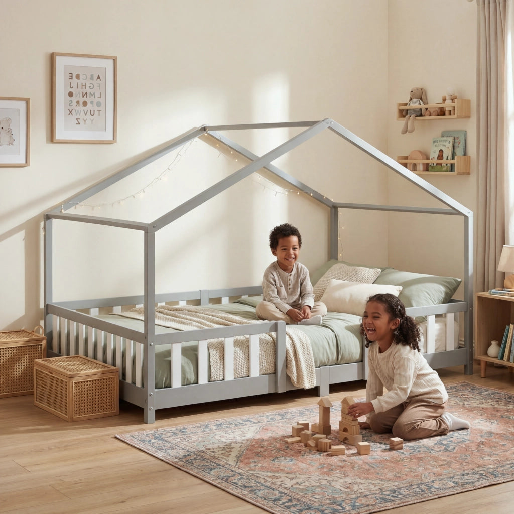 Letto per Cameretta Treviolo a Forma di Casetta in Stile Montessori 140x200 cm Grigio Chiaro/Bianco [en.casa]