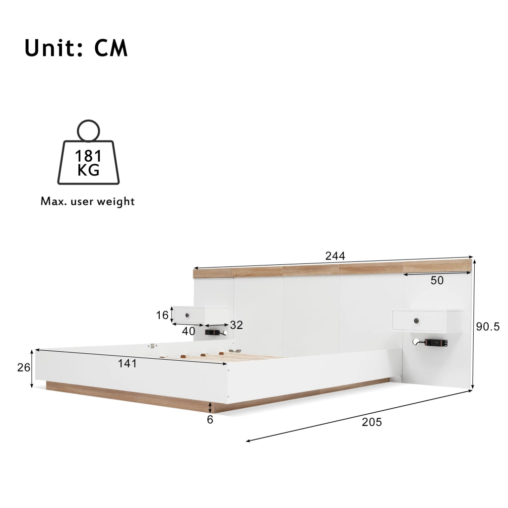 Letto Matrimoniale 140x200 cm - 2 Comodini LED; USB e Type-C - in Legno - Bianco Rovere
