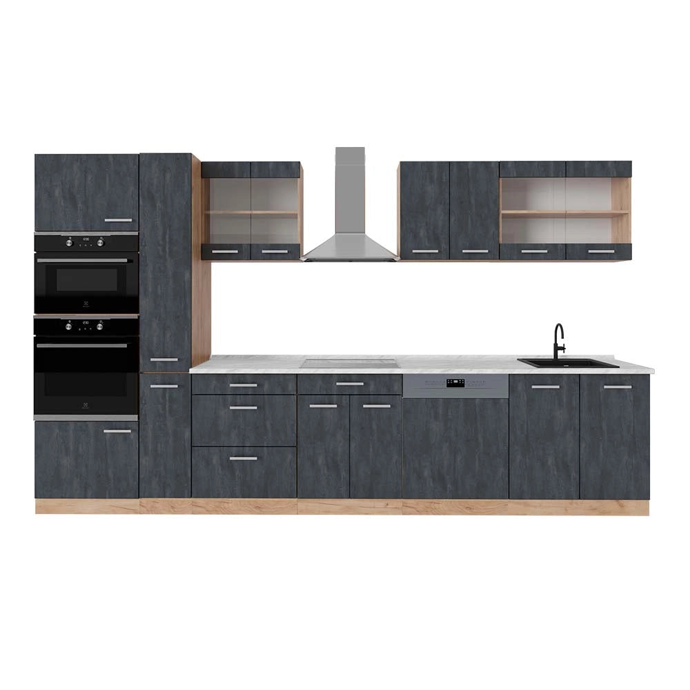 Vicco Cucina completa Calcestruzzo nero/quercia dorata 350 cm , PL Marmo