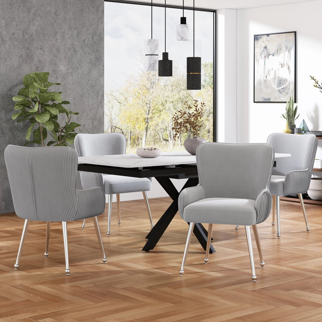 Sedia da pranzo set da 4 con braccioli e supporto lombare in velluto grigio con base metallica argento