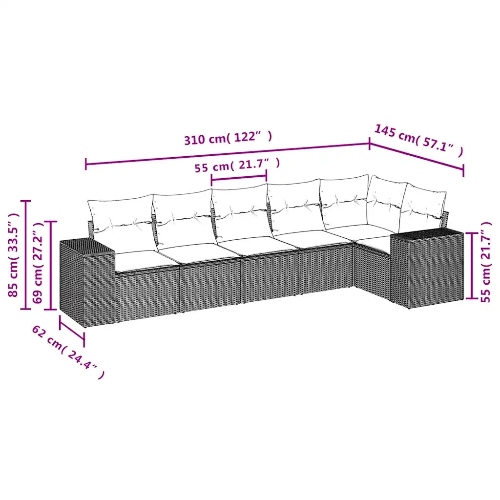 Set Divano da Giardino 6pz con Cuscini Grigio Chiaro Polyrattan