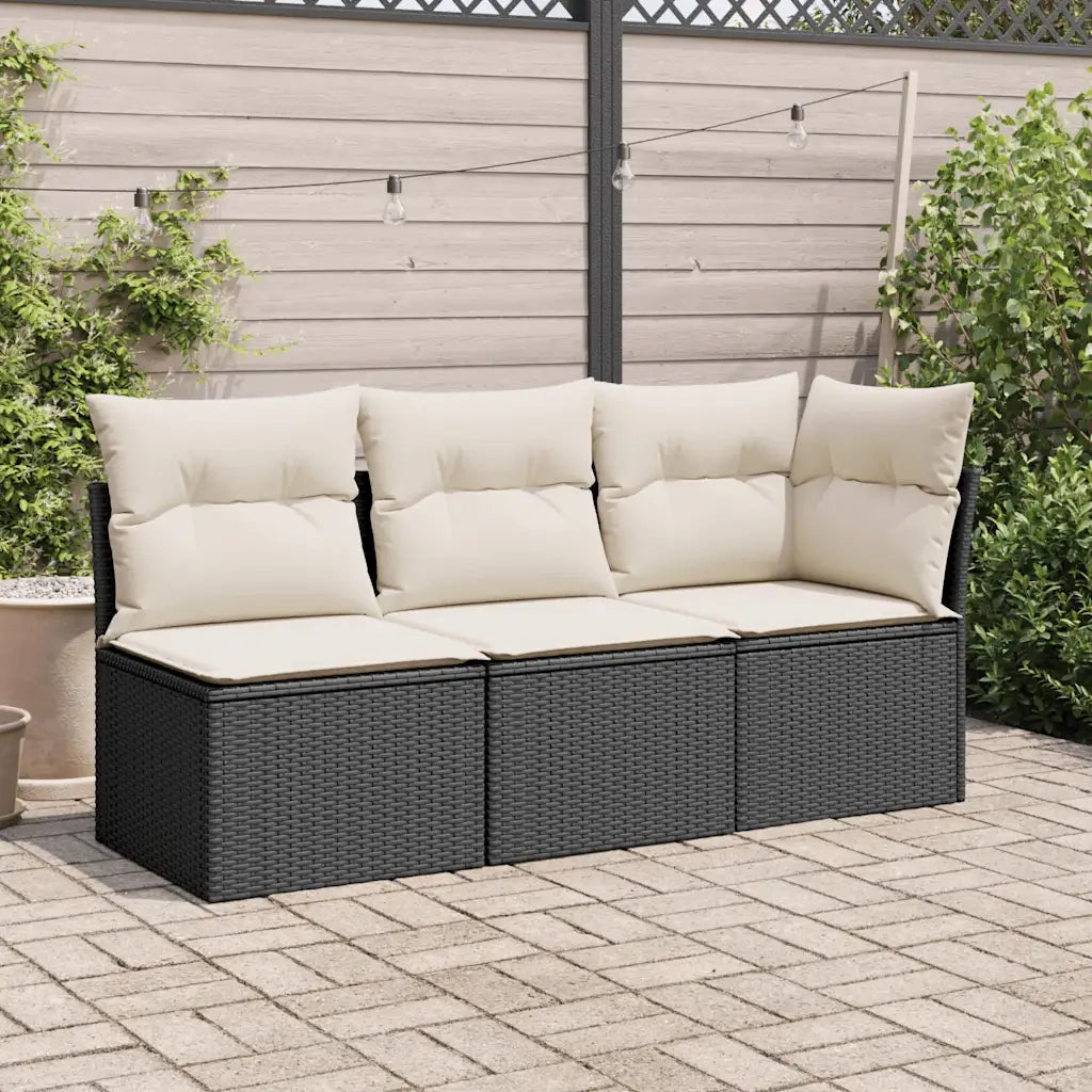 Divano Giardino Senza Braccioli con Cuscini Nero in Polyrattan 365996