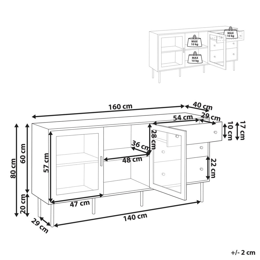 Credenza in MDF bianco con ante in vetro e 2 cassetti Accenti dorati