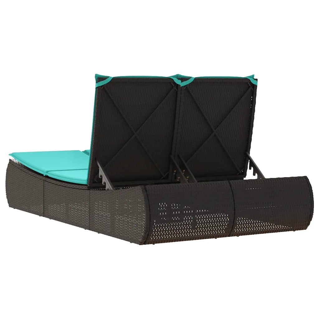 Lettino Prendisole Doppio con Cuscini Nero in Polyrattan 368098