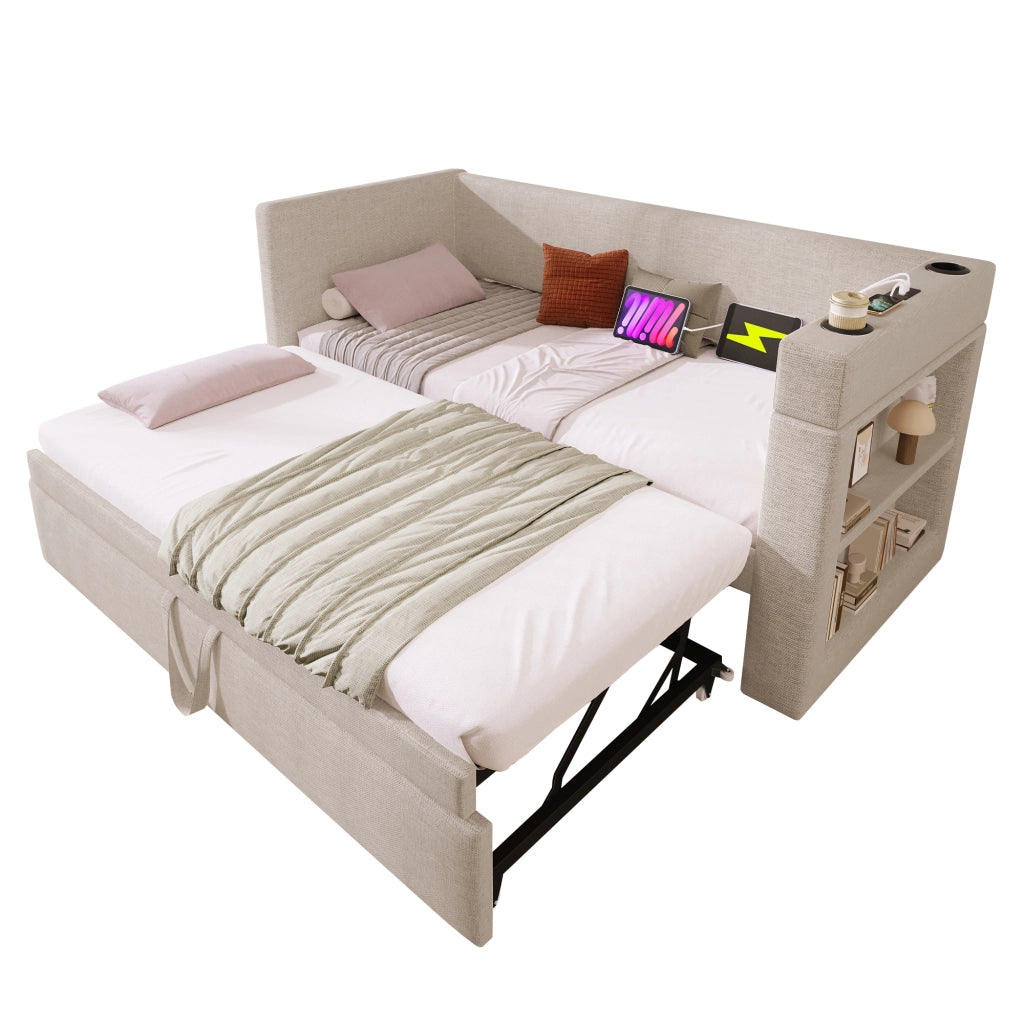 Daybed singolo – 90x190 cm – estraibile USBC portabicchieri – lino beige