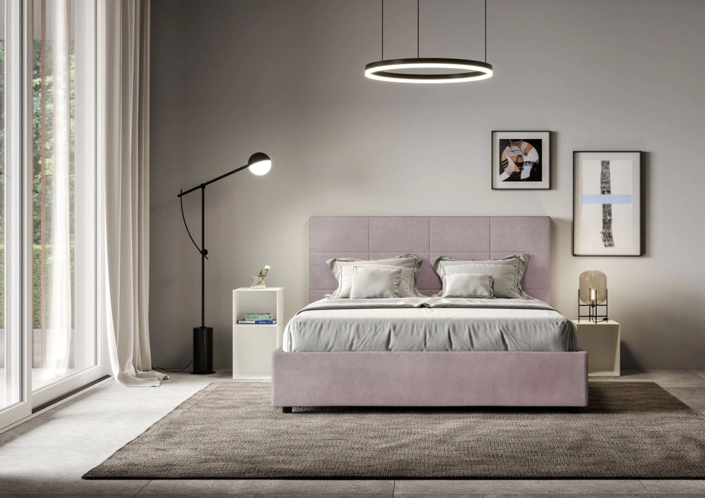 BS COM Letto queen size con rete imbottito 150x210 microfibra glicine