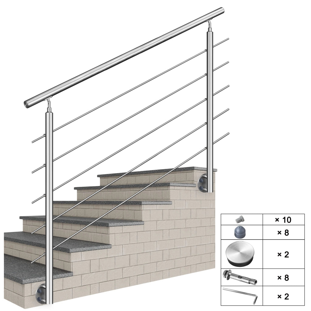 Ringhiera Balaustra Corrimano in acciaio inox 304 spazzolato per scale 180 cm, 5 barre trasversali, fissaggio laterale, per interni ed esterni