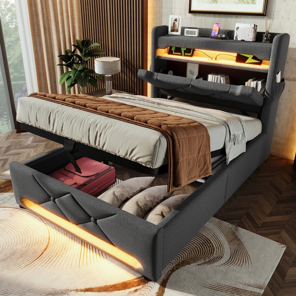 Letto Singolo Imbottito Contenitore con LED e USB ¨C MINIMAL ¨C Grigio, Tessuto, 90x200