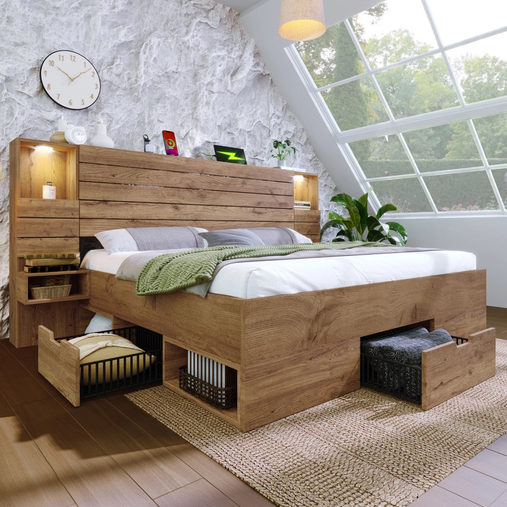 Letto legno 180x200 LED USB Type-C vano cassetti rovere