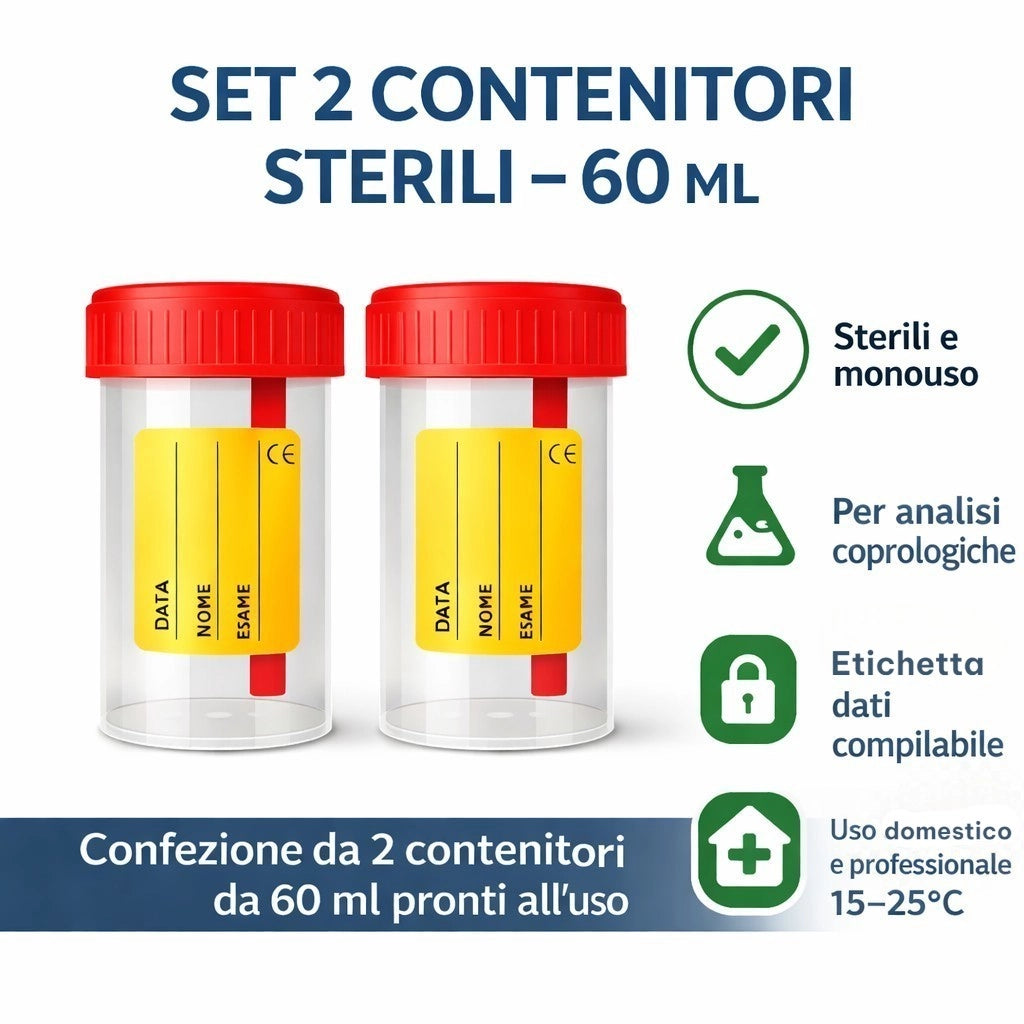 2 Contenitori Sterili Feci 60 ml Monouso con Tappo Ermetico 578943