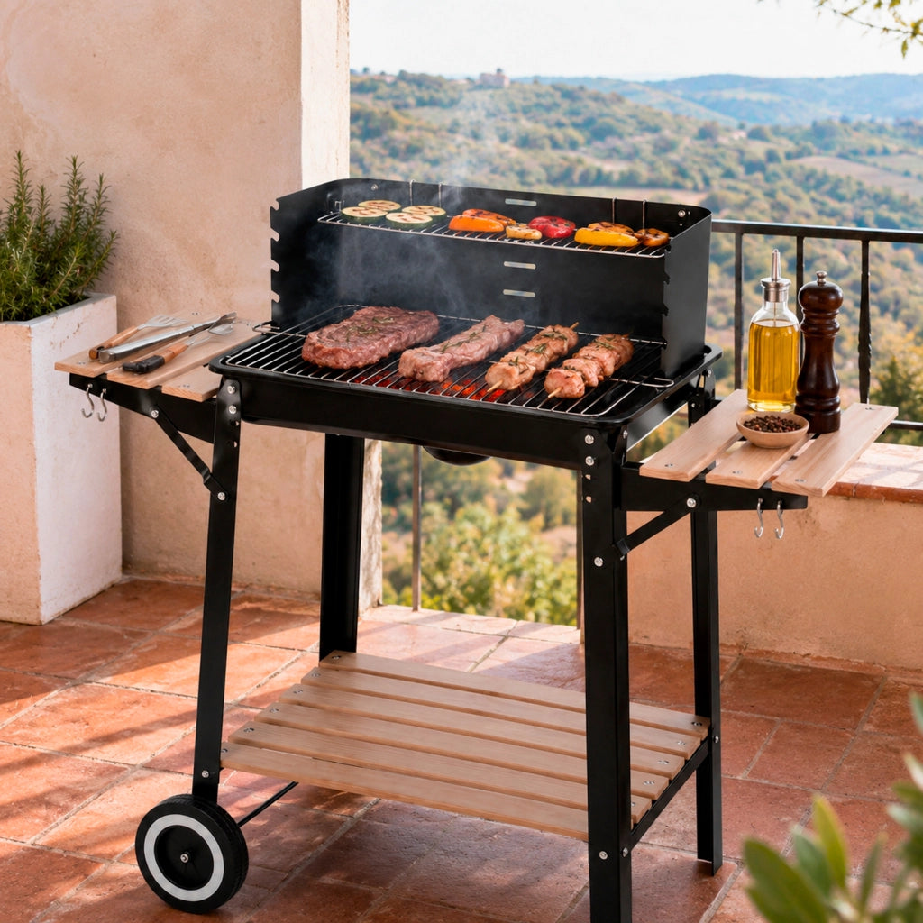 Barbecue A Carbone Con Paravento Antivento Griglia Cromata Ripiani Laterali In Legno Ganci Porta Accessori Ruote Integrate Per Giardino Terrazzo E Campeggio 94 x 40 x 84 Cm Nero