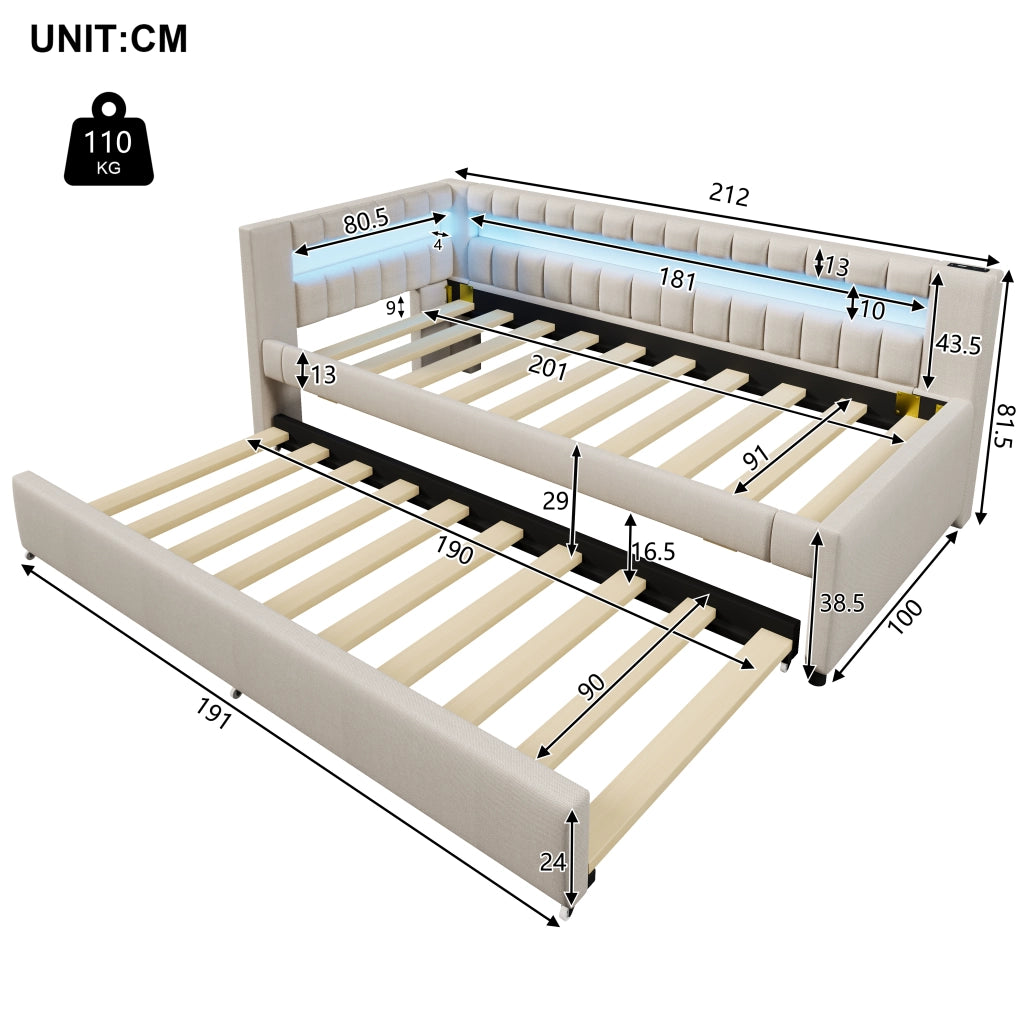 Letto estraibile singolo 90×200 cm con LED; USB e Type-C; senza materasso; lino; beige