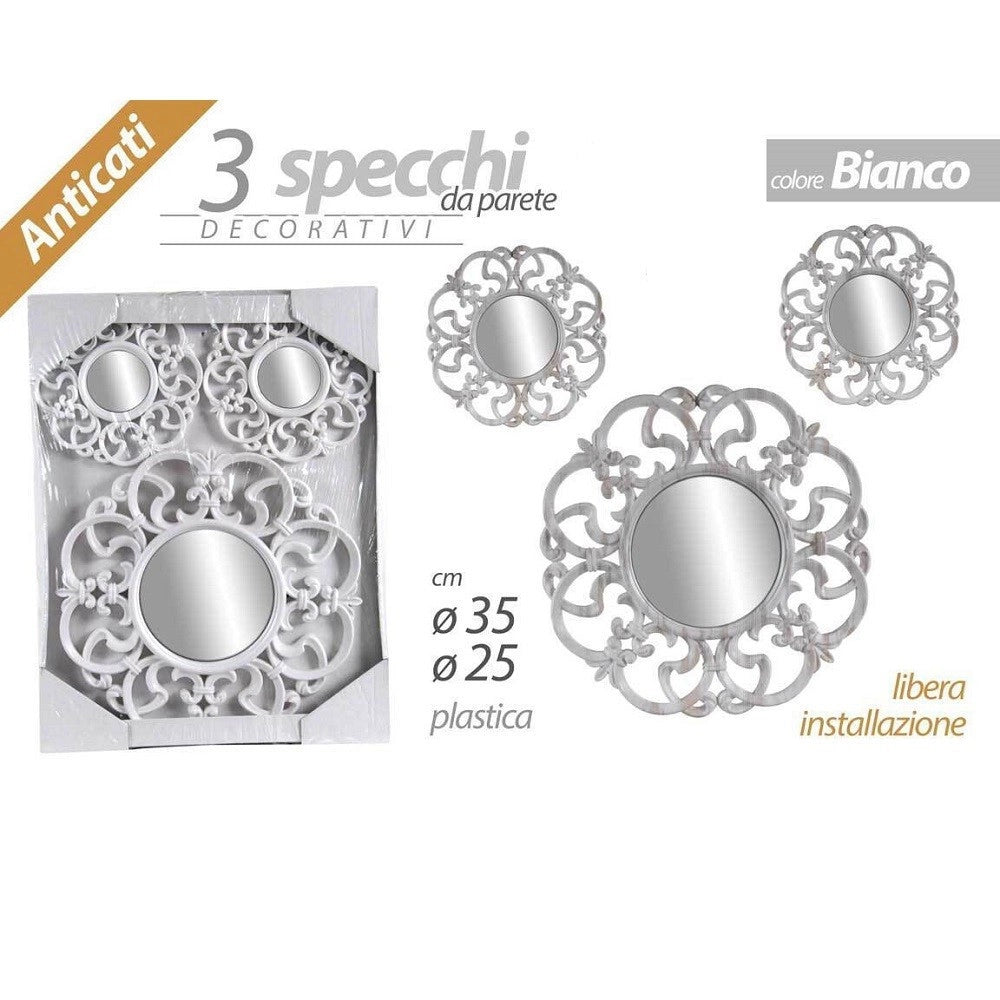 Trade Shop - Set 3 Specchi Parete Decorativi Anticati Bianco Specchio Plastica 25-35cm 836886 -