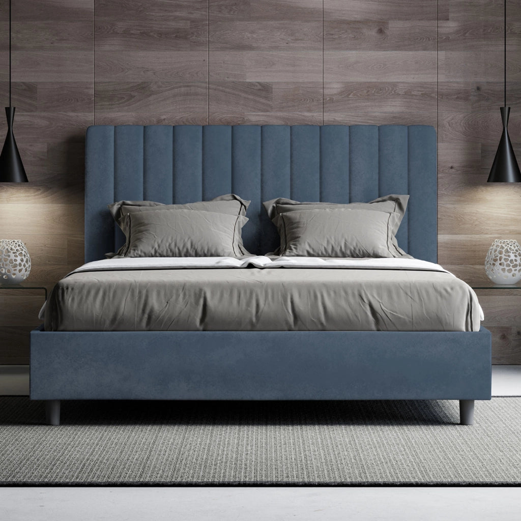 BS COM Letto queen size con rete imbottito 150x190 microfibra blu