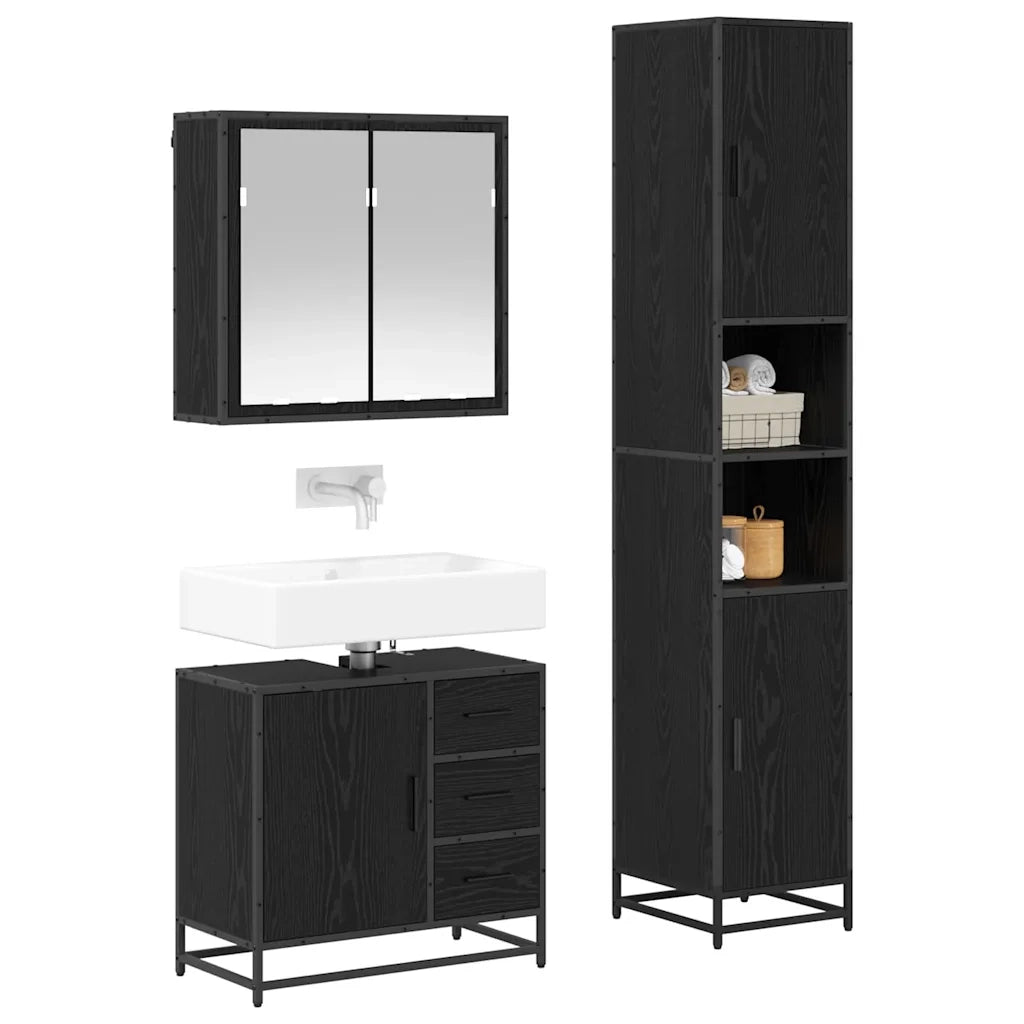 Set di mobili per il Bagno | Armadio da bagno 3 pz Rovere Nero Legno multistrato