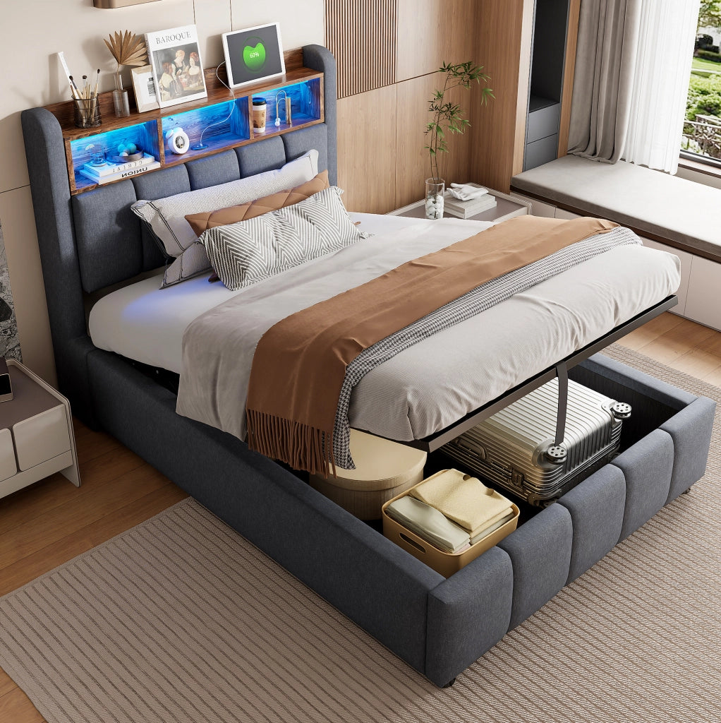 Letto imbottito 90x200 cm con LED; USB e vano contenitore; grigio; con materasso