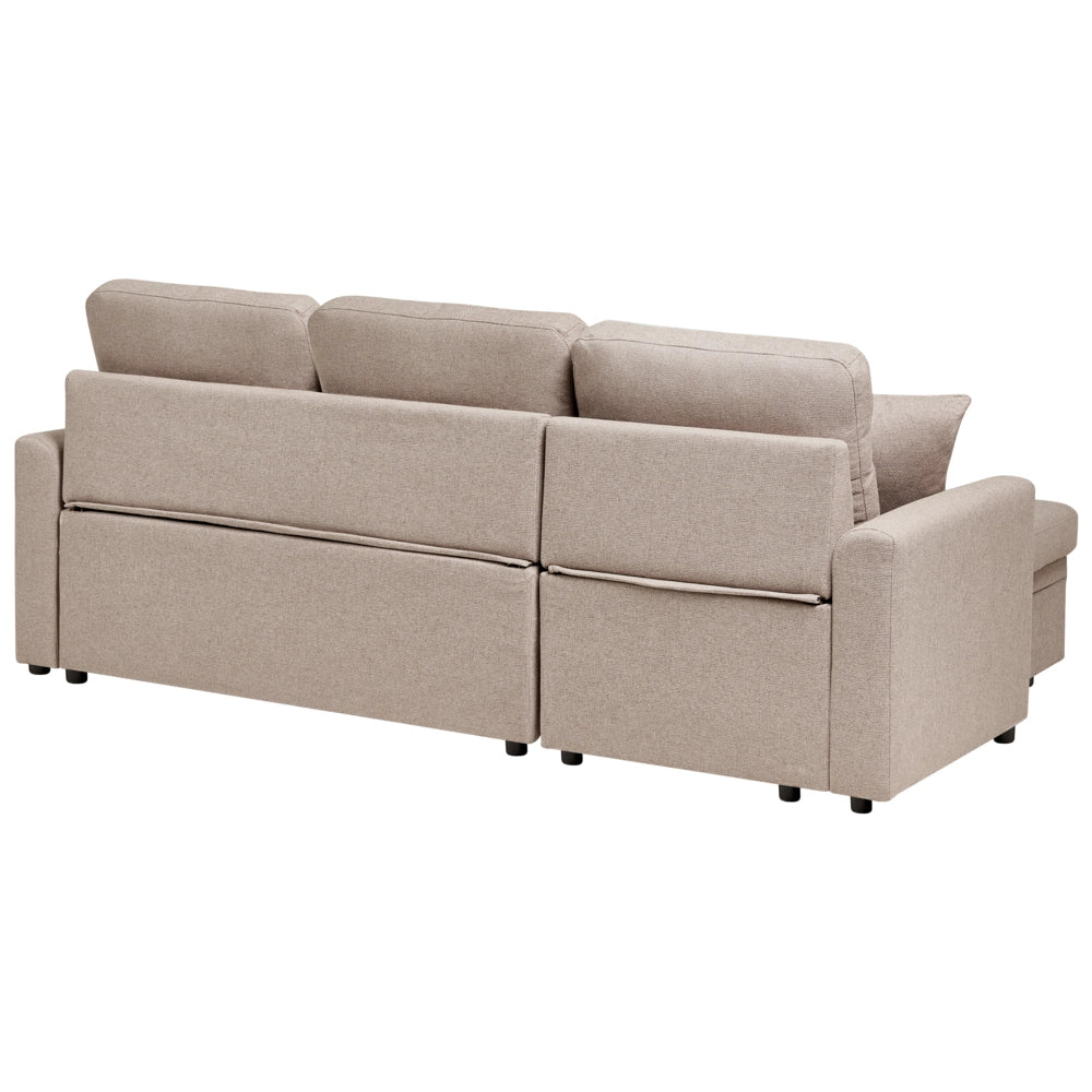 Divano letto angolare con contenitore lato destro marrone chiaro rivestimento in poliestere effetto lino contenitore cuscini design moderno