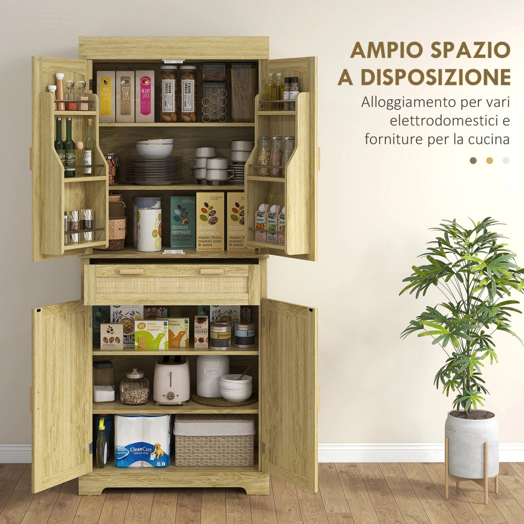 Credenza Cucina Boho 2 Ante Cassetto Portaspezie ¨C Xylo ¨C Legno Rattan Rovere 76x40x183cm