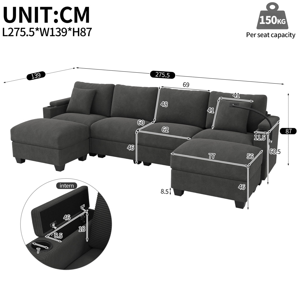 Sistema modulare divano angolare con funzione letto - Zephmum- USB e supporto smartphone, Grigio