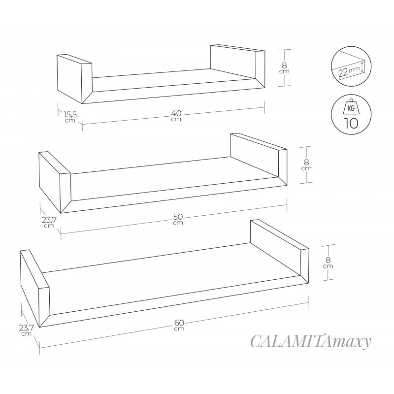 Set di 3 Mensole da Muro, Mensole Muro Design, Mensola da Parete, Rovere Sbiancato, 60x8 p23,7 cm, 50x8 p23,7 cm e 40x8 p23,7 cm - Calamita Maxi