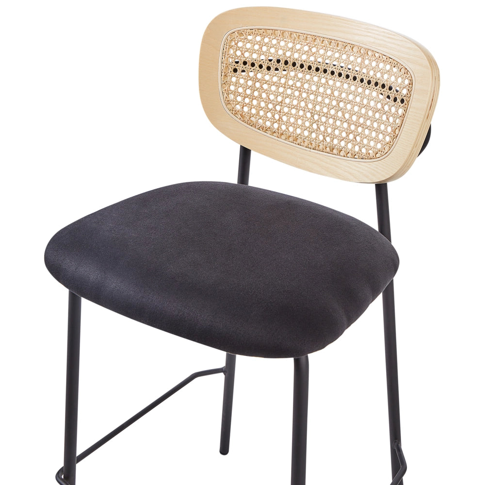 Set di 2 sedie da bar Rivestimento in poliestere nero Schienale in rattan naturale a treccia viennese Gambe in metallo nero Sgabelli senza braccioli
