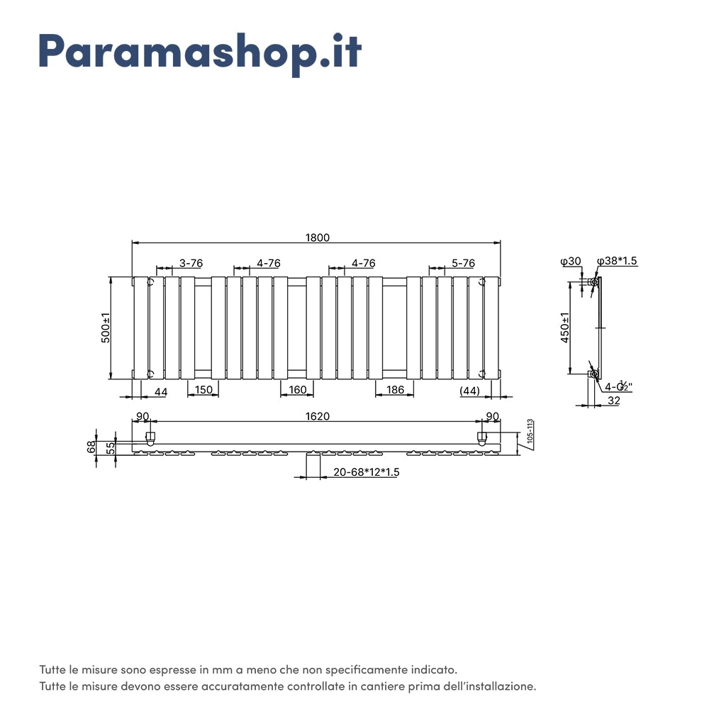 Termoarredo scaldasalviette 1800x500 nero opaco interasse 450 | Sirio