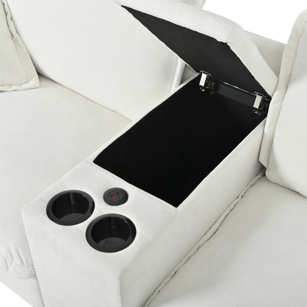 Divano angolare convertibile con portabicchieri, USB e vano contenitore in Chenille Beige