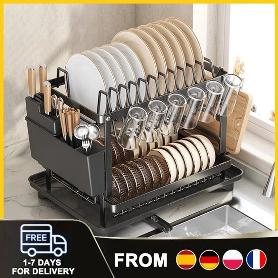 Afdriuva 2-livelli automatica con scarico, per piatti, taglieri, con contenitore per bicchieri & accessori