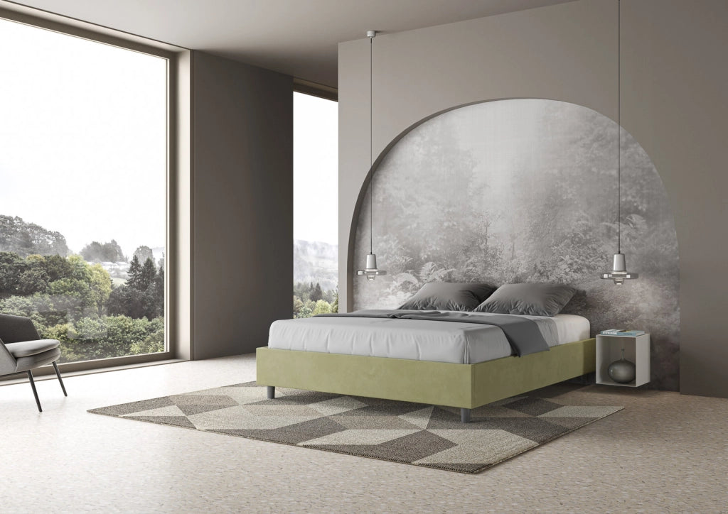BS COM Letto queen size con rete imbottito 150x200 microfibra tè verde