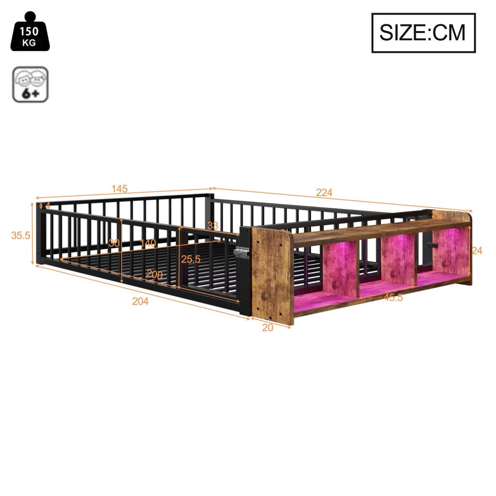 Letto con Sponda; Letto Matrimoniale con Vano a Giorno e LED; 140 x 200 cm; senza Materasso; Metallo e MDF; Nero