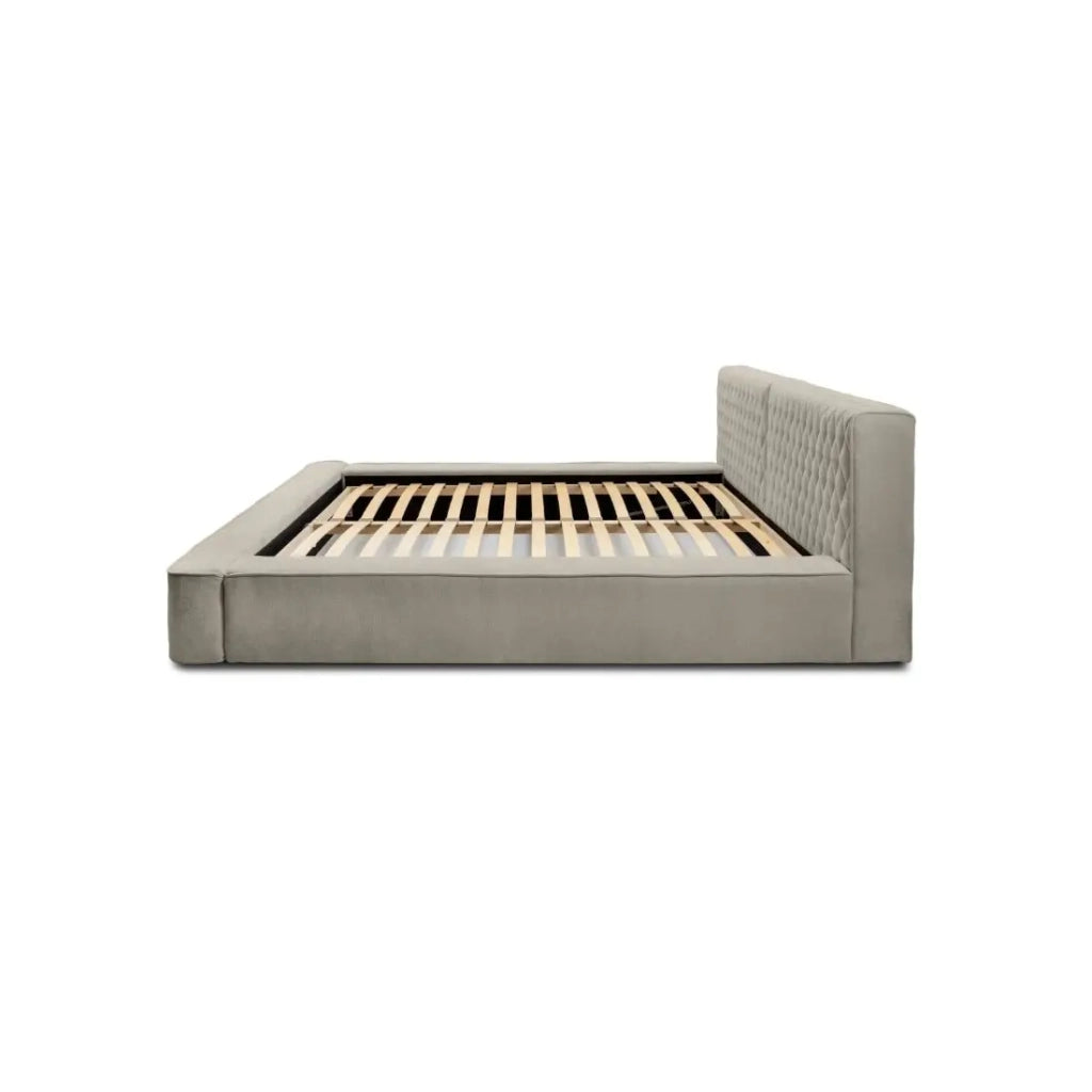 Letto contenitore VERNON – Tessuto bouclé chenille Taupe fumé – 140x200 cm – Rete sollevabile – Design di alta gamma