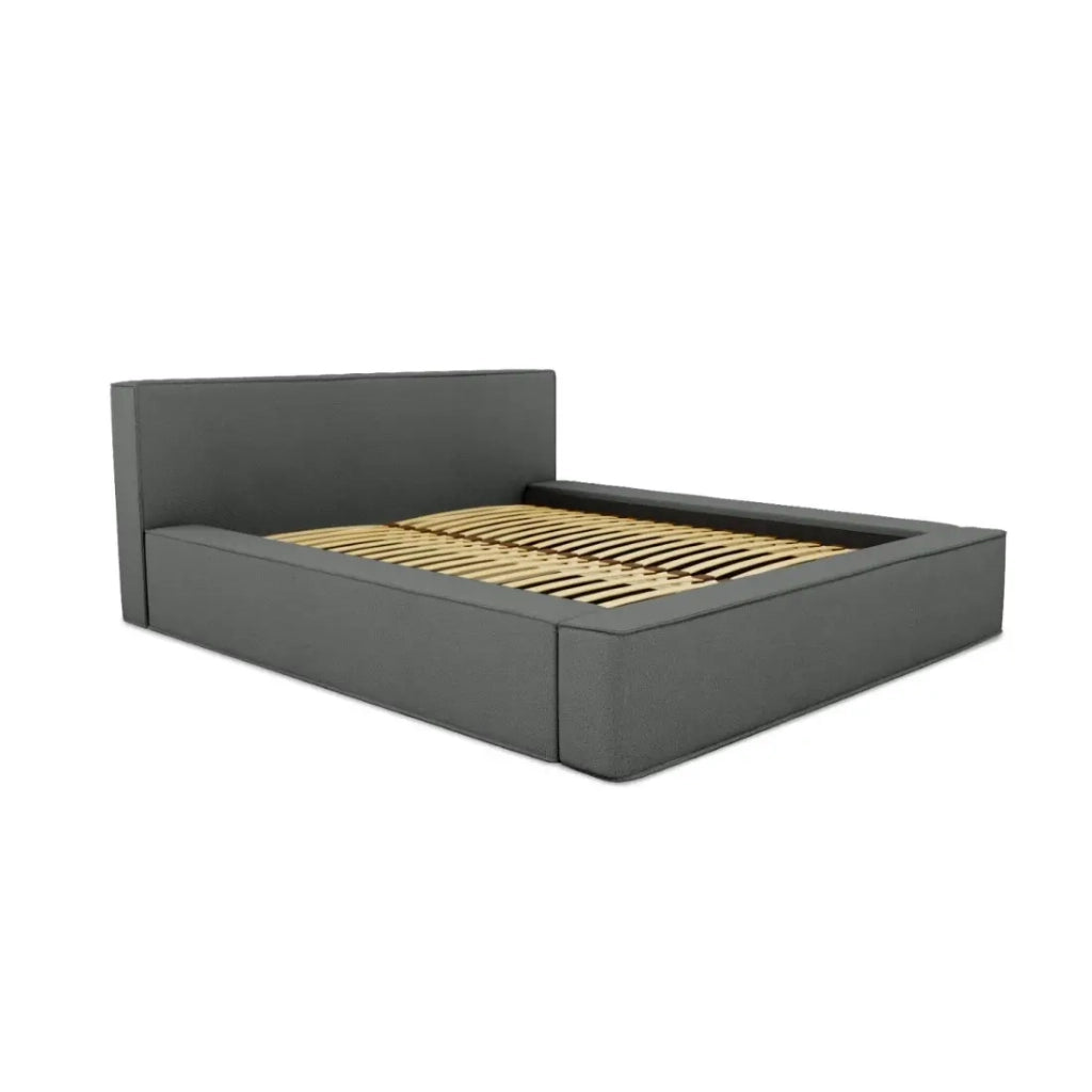 Letto contenitore VELORA – Ardesia bouclé – 160x200 cm – Tessuto velluto morbido – Rete sollevabile – Spazio di stoccaggio integrato