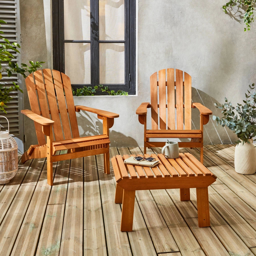 Set 2 poltrone in legno con poggiapiedi, marrone naturale