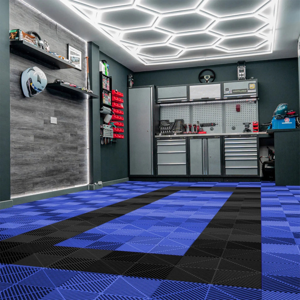Piastrelle ventilate Blu e Nero 3,2m x 6m per garage e officine, antiscivolo.