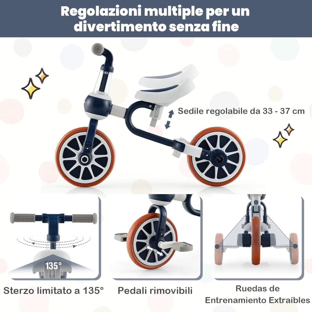 4 in 1 Triciclo per Bambini con Maniglia di Spinta, Triciclo per Bambini Bicicletta Equilibrio con Maniglia, Sedile Regolabili e Pedali Rimovibili, per 2-4 anni (Blu Navy)