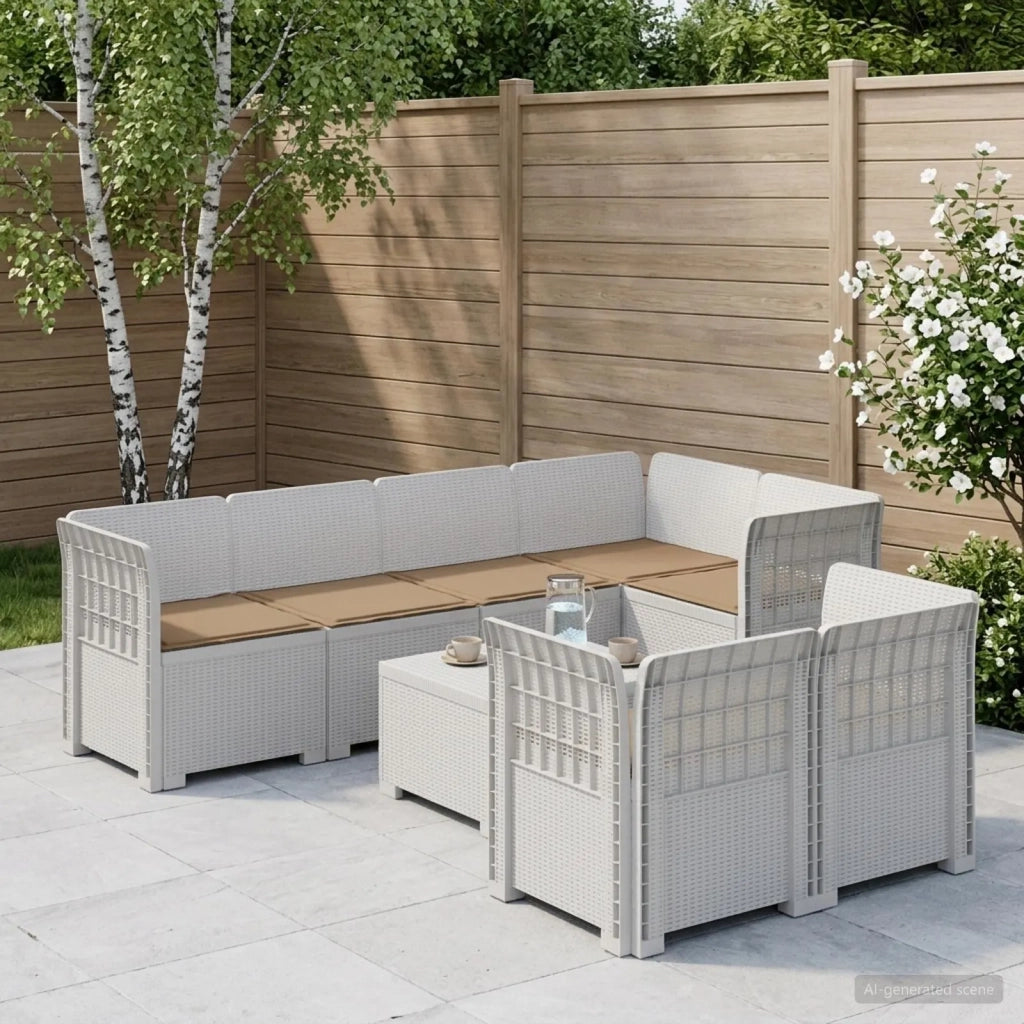 Divano 7 Posti da Giardino con Cuscini Aspetto Rattan PP Bianco 3444152