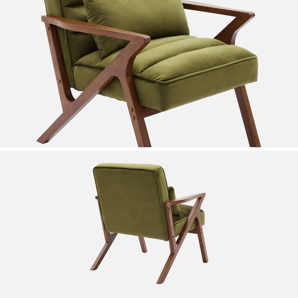Poltrona scandinava in legno di hevea e velluto, verde kaki