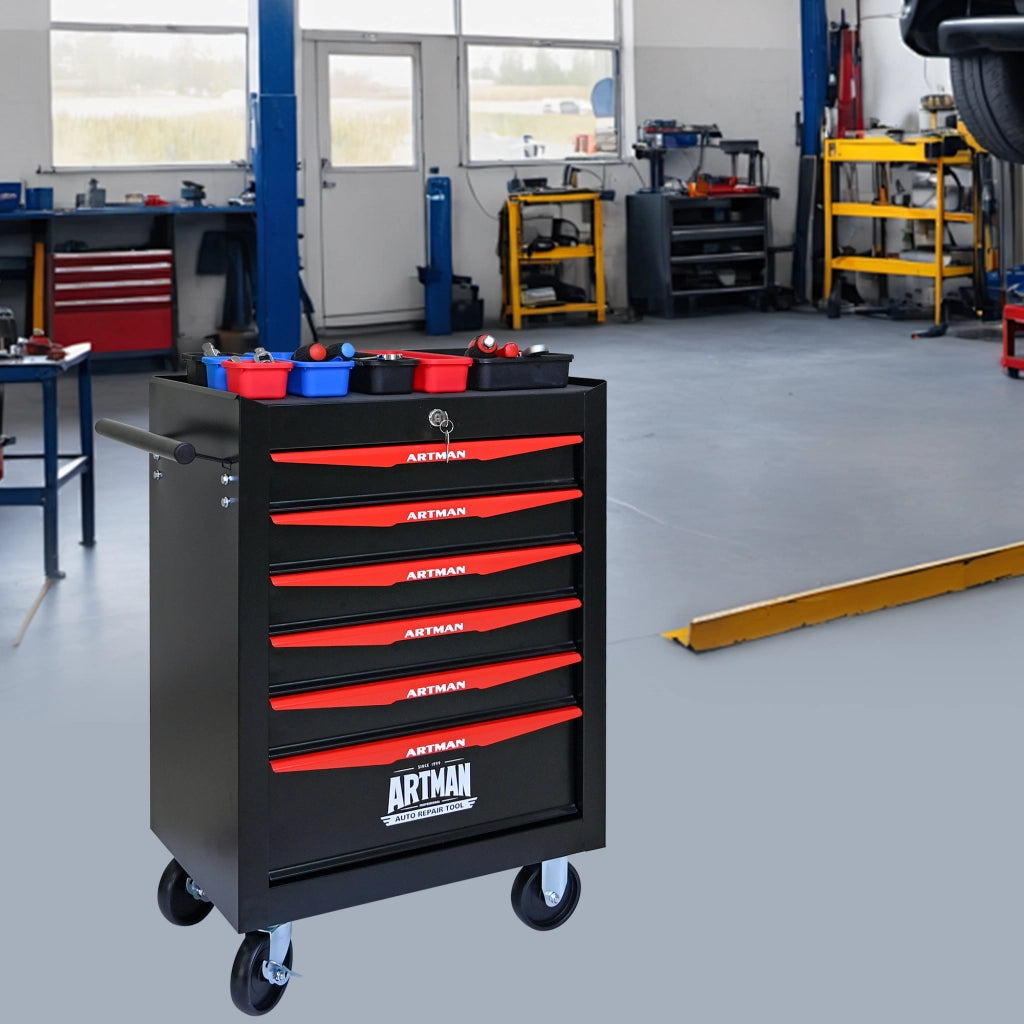 Mobile contenitore portautensili con 6 cassetti su ruote in acciaio verniciato a polvere nero e rosso 60 × 33 × 77,5 cm