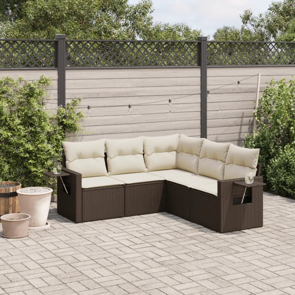 Set Divano da Giardino 5 pz | Set Salotto da Giardino con Cuscini Marrone in Polyrattan